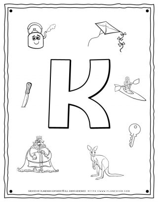 English Alphabet - Things Starting With K - Coloring Page | Planerium