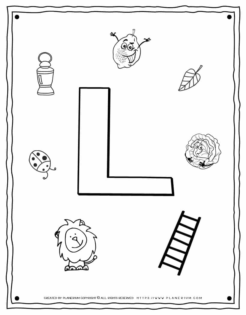 English Alphabet - Things Starting With L - Coloring Page | Planerium