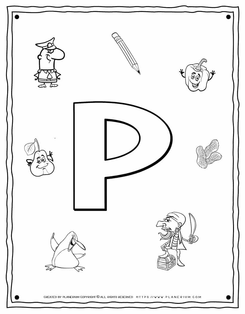 English Alphabet - Things Starting With P - Coloring Page | Planerium