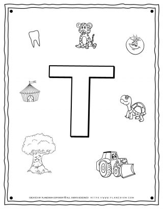 English Alphabet - Things Starting With T - Coloring Page | Planerium