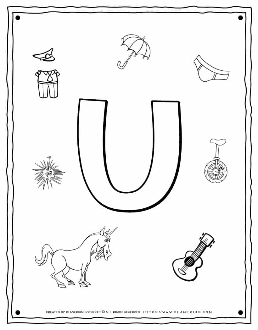 English Alphabet Things Starting With U Coloring Page Planerium