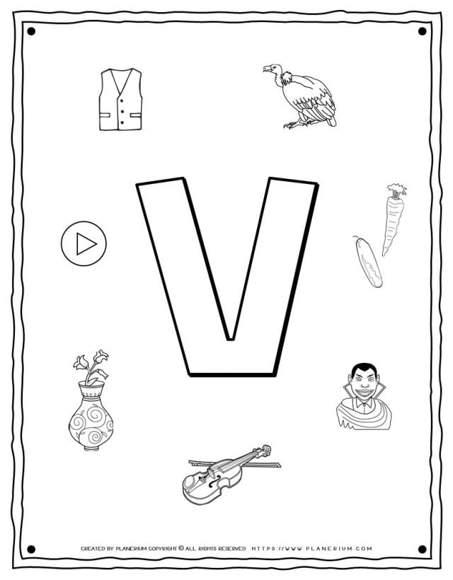 English Alphabet - Things Starting With V - Coloring Page | Planerium