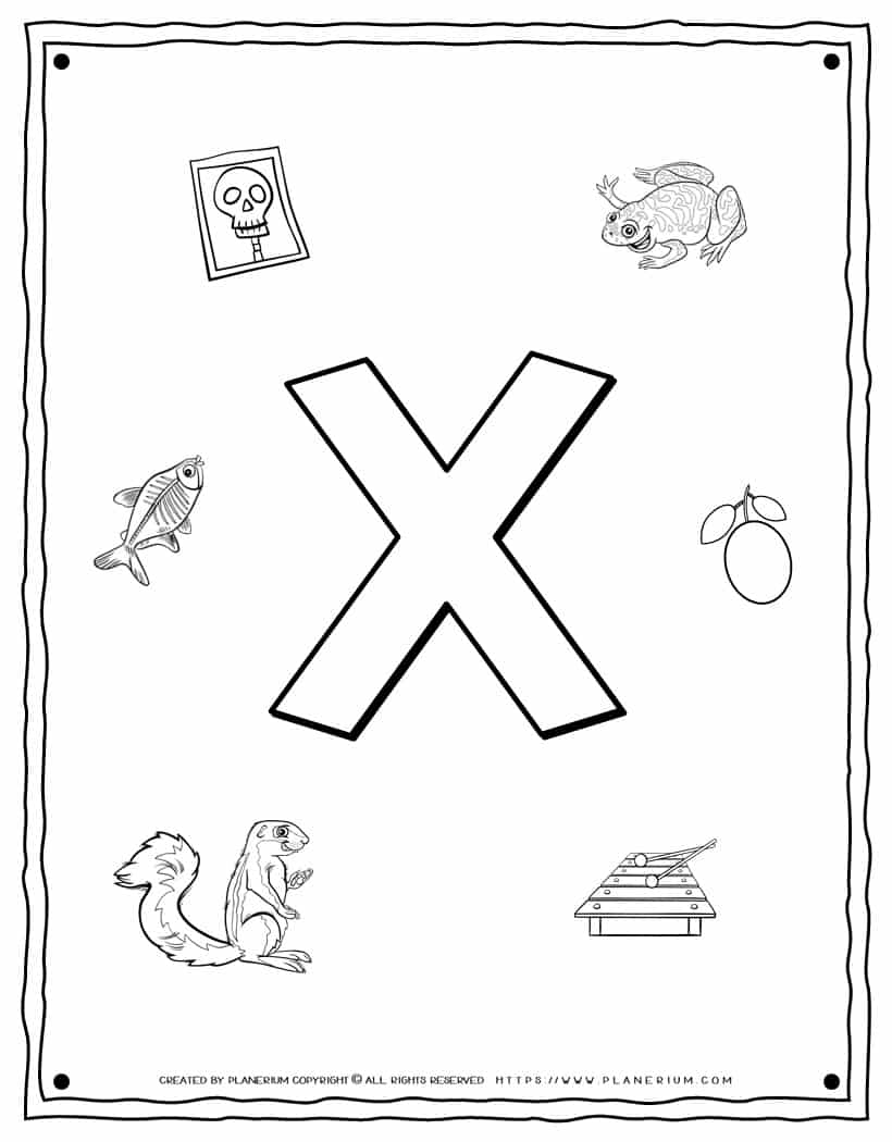 English Alphabet - Things Starting With X - Coloring Page | Planerium