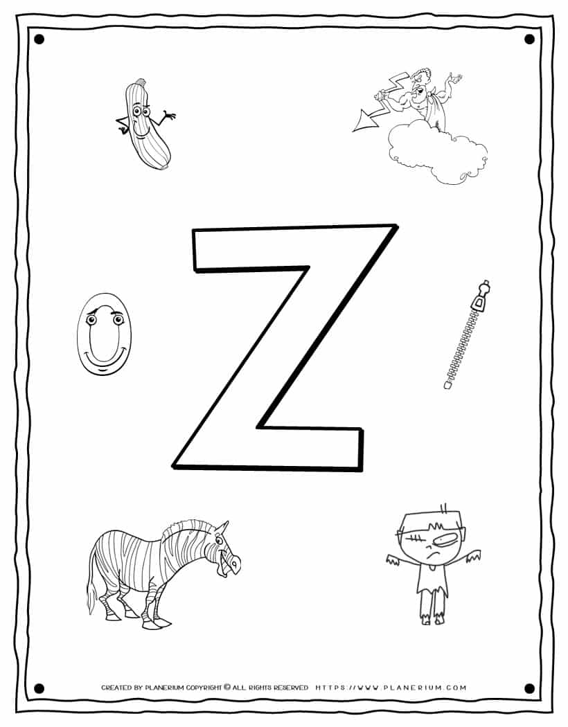 English Alphabet - Things Starting With Z - Coloring Page | Planerium