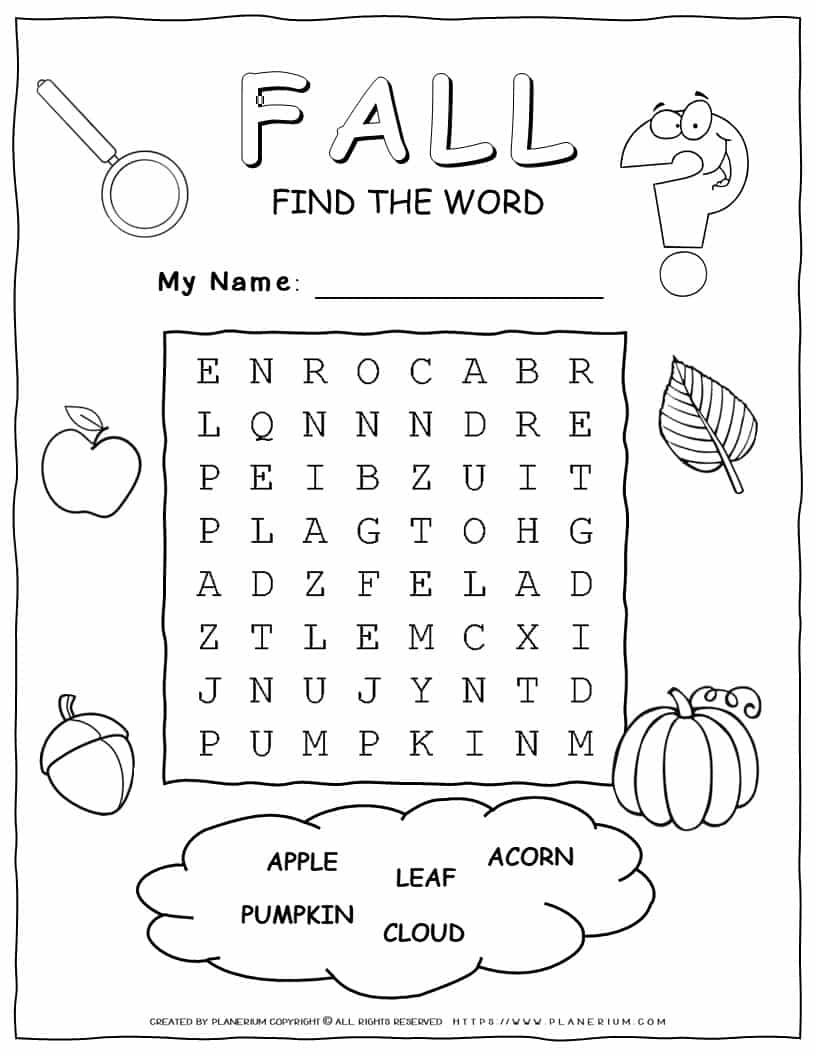 Printable Fall word search with five words for kids