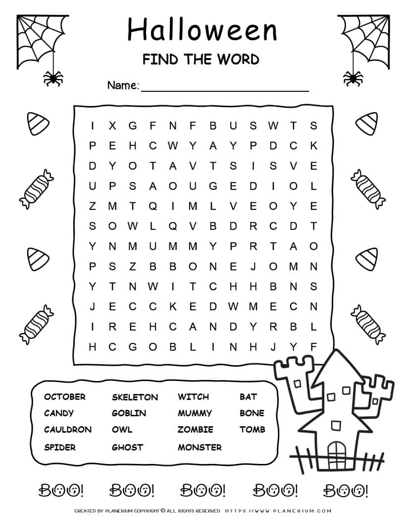 Printable Halloween word search with fifteen words for kids
