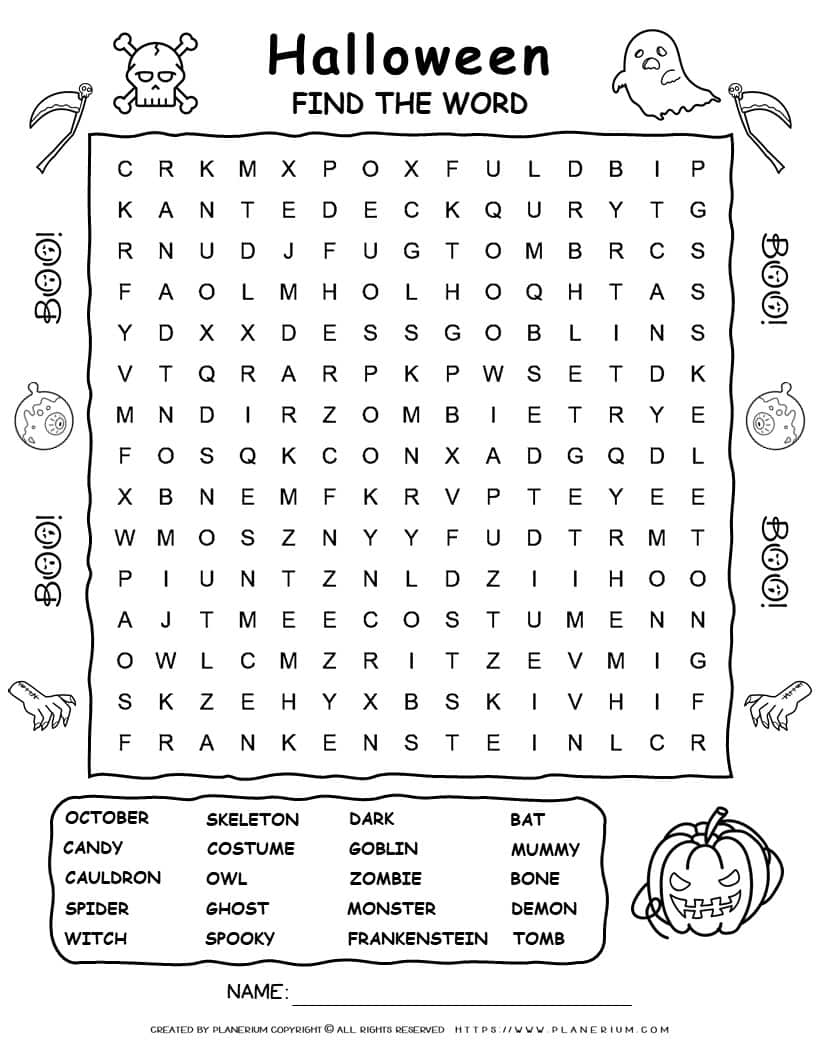 Printable Halloween word search with twenty words for kids