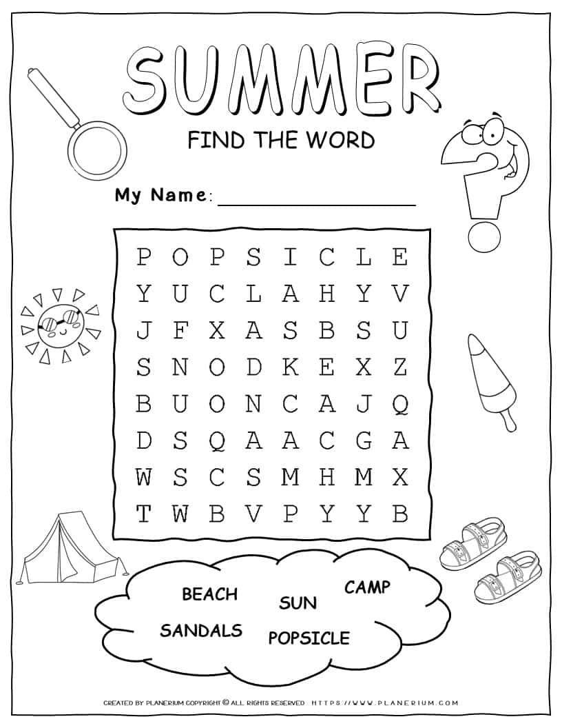 Printable summer word search with five words for kids
