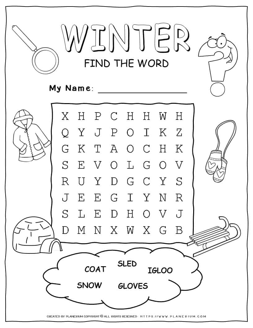 Printable Winter word search with five words for kids