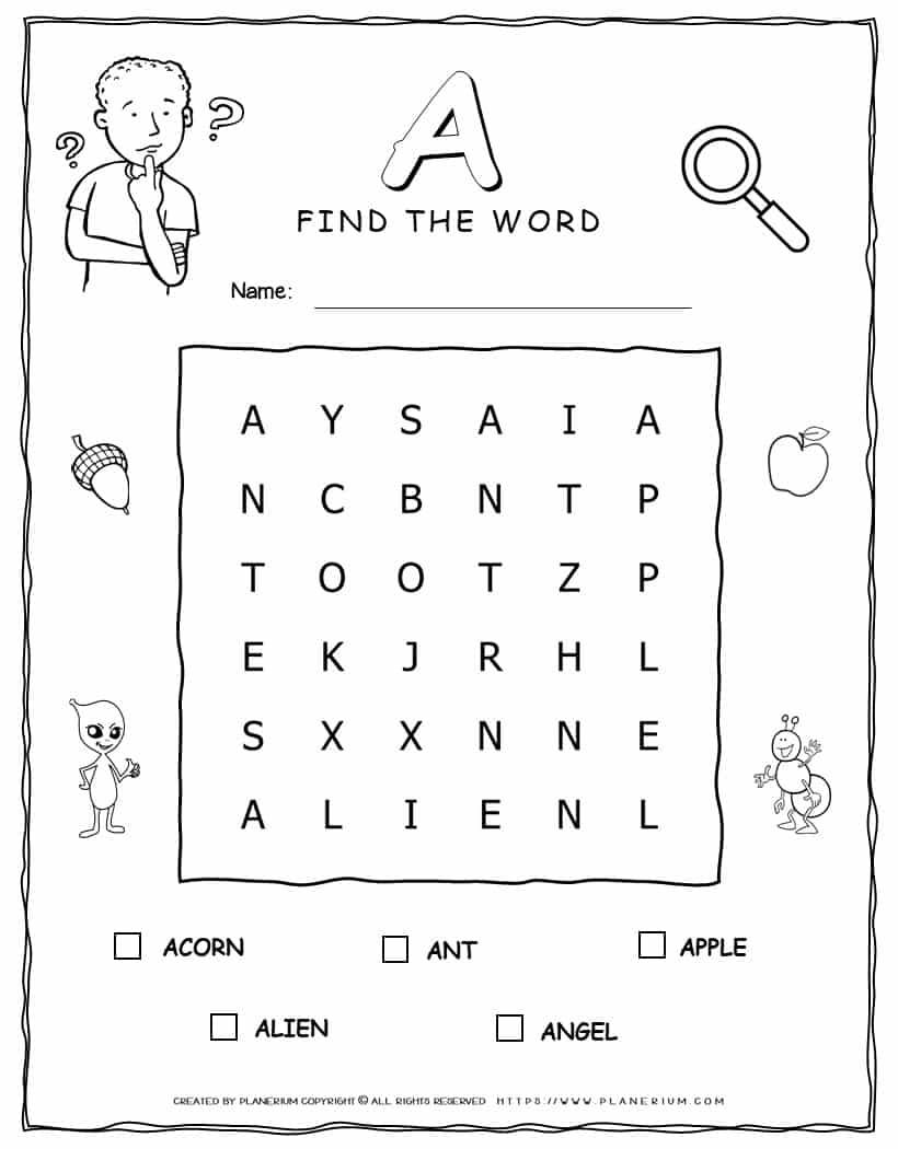 Word Search Activity - 5 Words Starting with Letter A