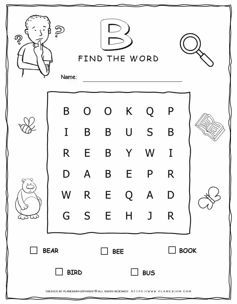 Word Search - Words That Start with B - Five Words