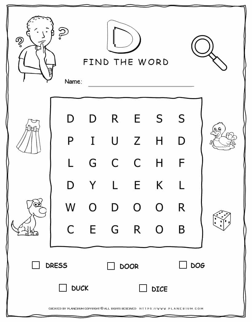Word Search Activity - 5 Words Starting with Letter D