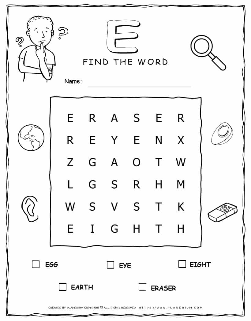 Word Search Activity - 5 Words Starting with Letter E