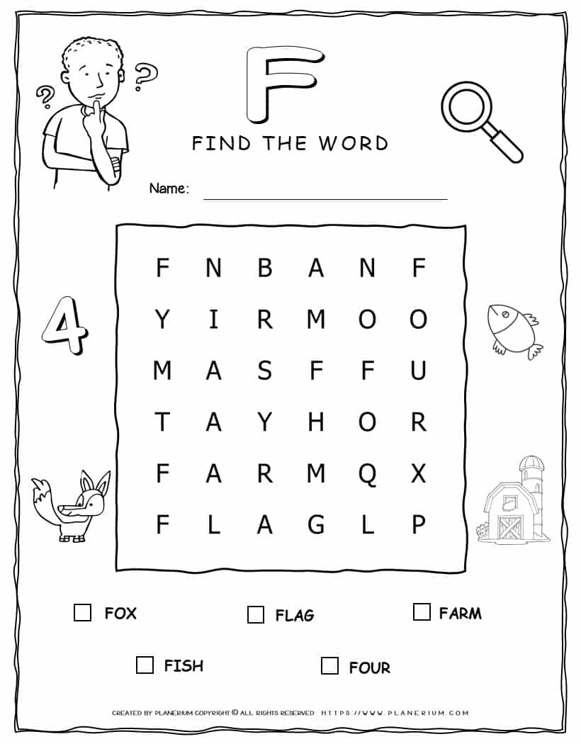 Word Search Activity - 5 Words Starting with Letter F