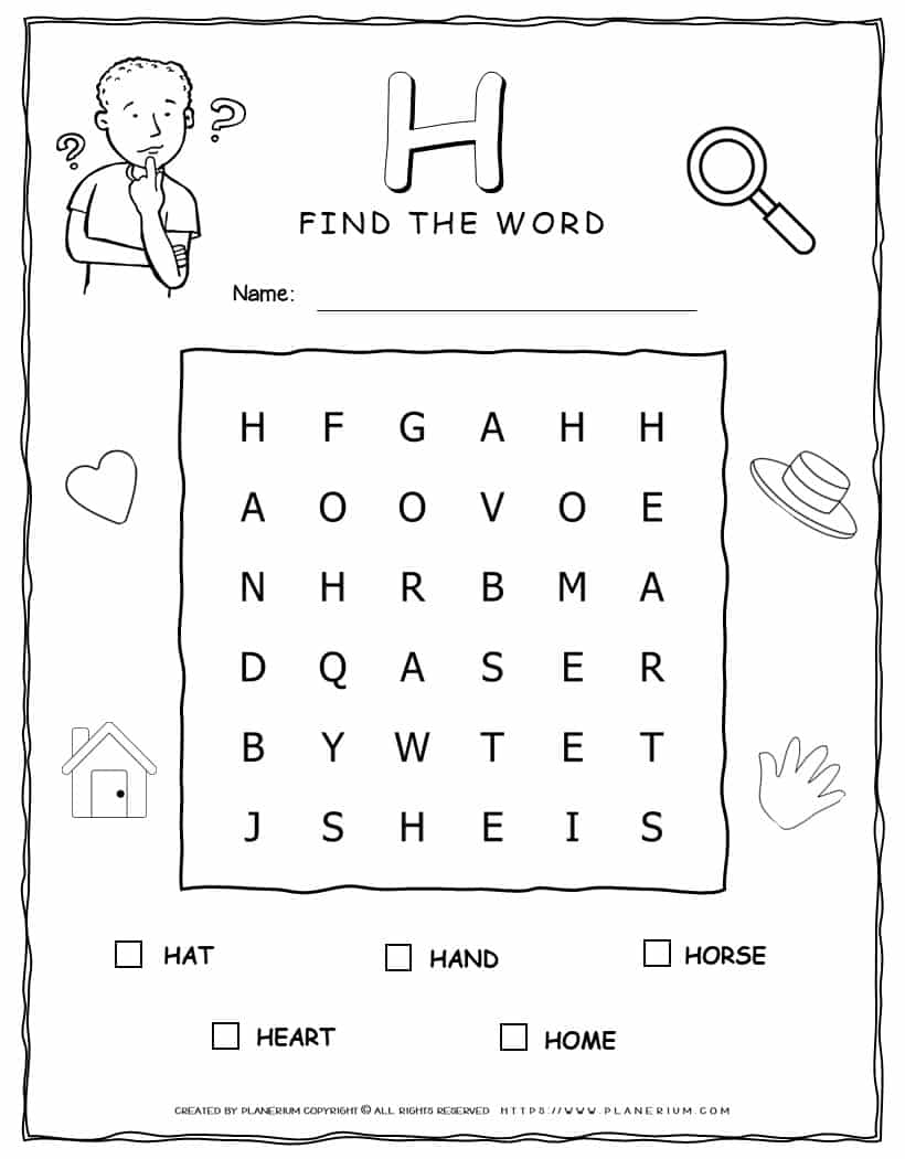 Word Search Activity - 5 Words Starting with Letter H