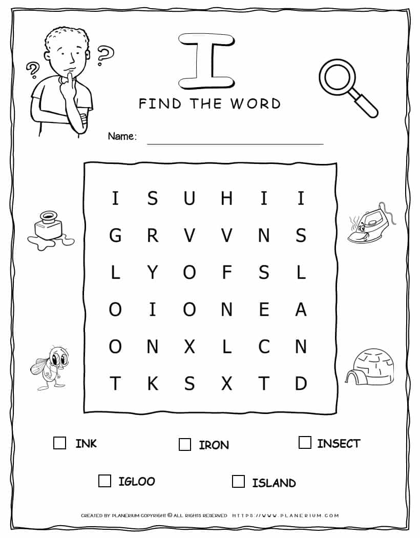 Word Search Puzzle - 5 Words Starting with Letter I
