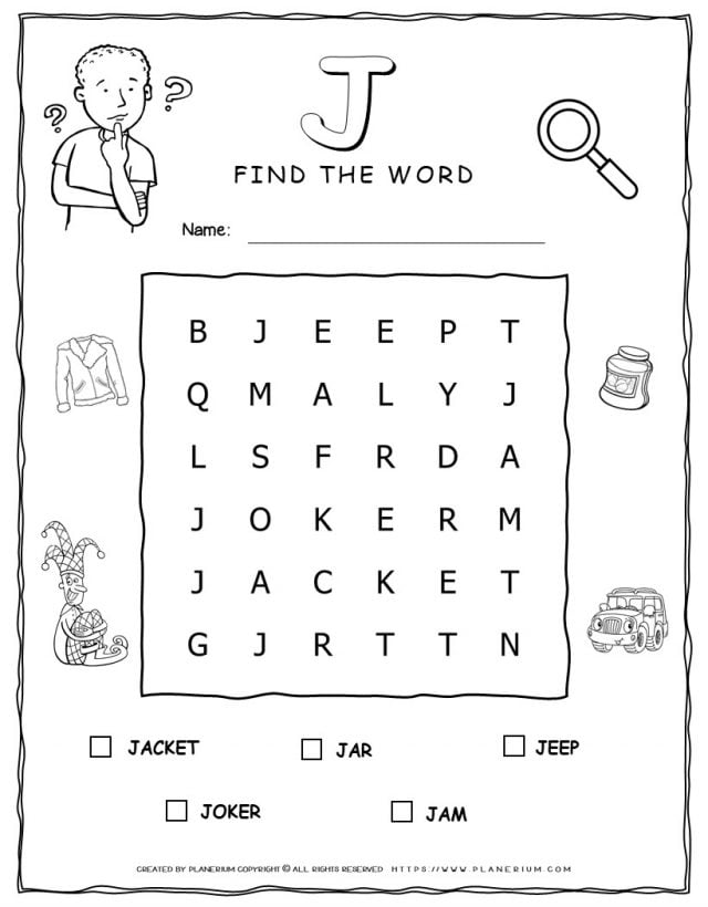 Word Search Puzzle - 5 Words Starting with Letter J