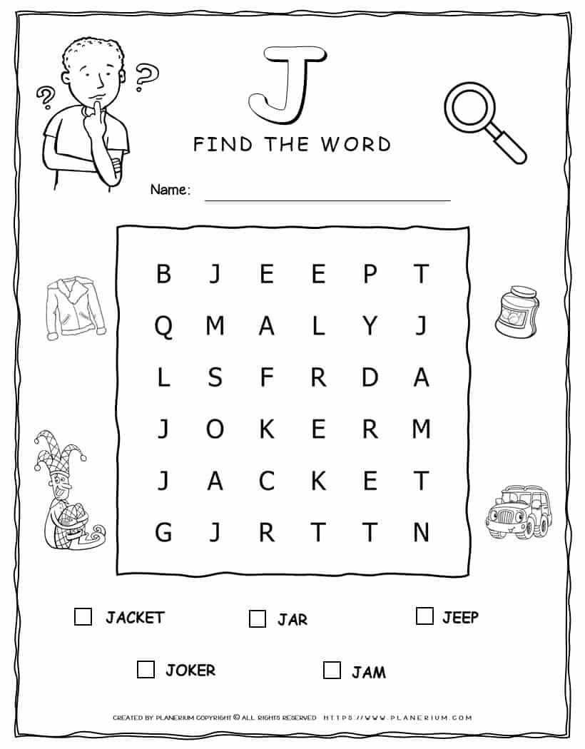 Word Search Puzzle - 5 Words Starting with Letter J