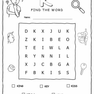 Word Search Puzzle - 5 Words Starting with Letter K
