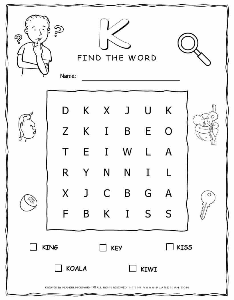 Word Search - Words That Start with K - Five Words | Planerium