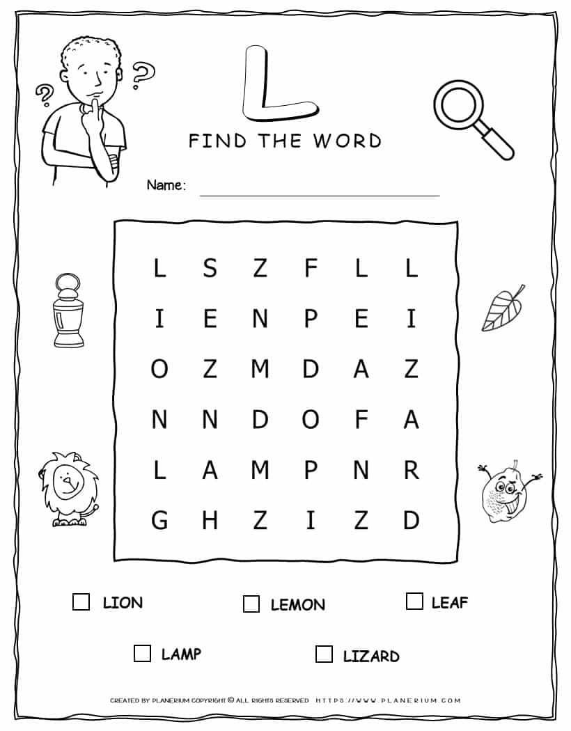 Word Search Puzzle - 5 Words Starting with Letter L