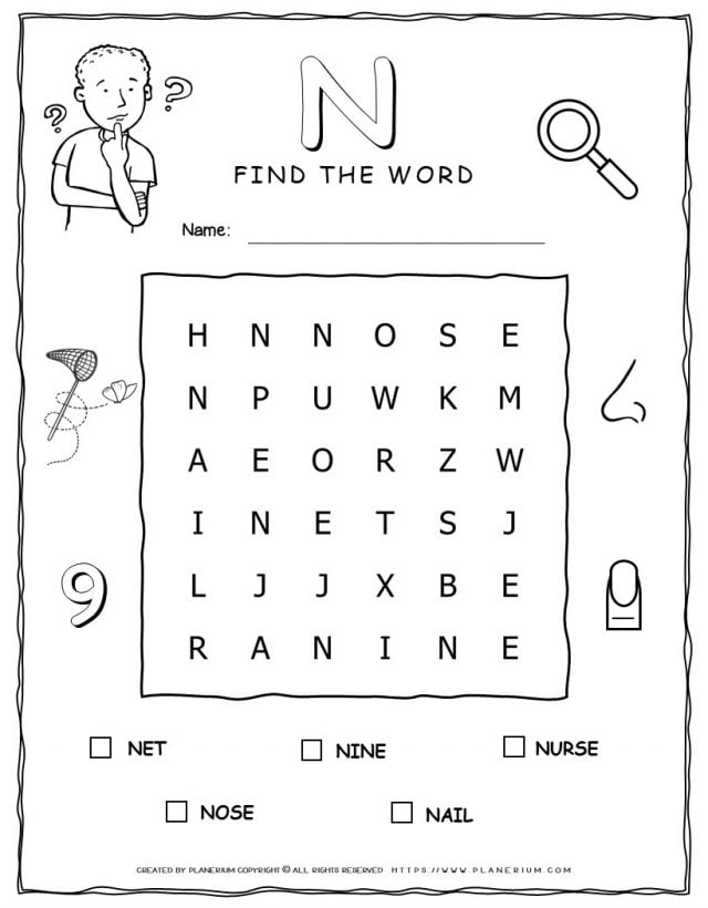 Word Search Puzzle - 5 Words Starting with Letter N
