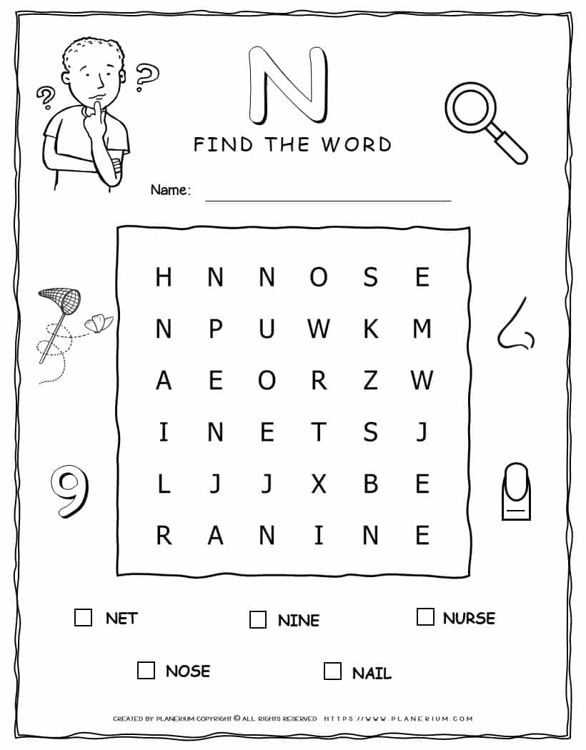 Word Search Puzzle - 5 Words Starting with Letter N