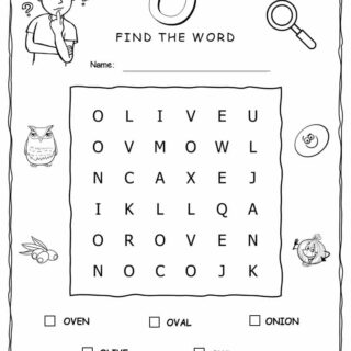 Printable word search with five words that start with O for kids
