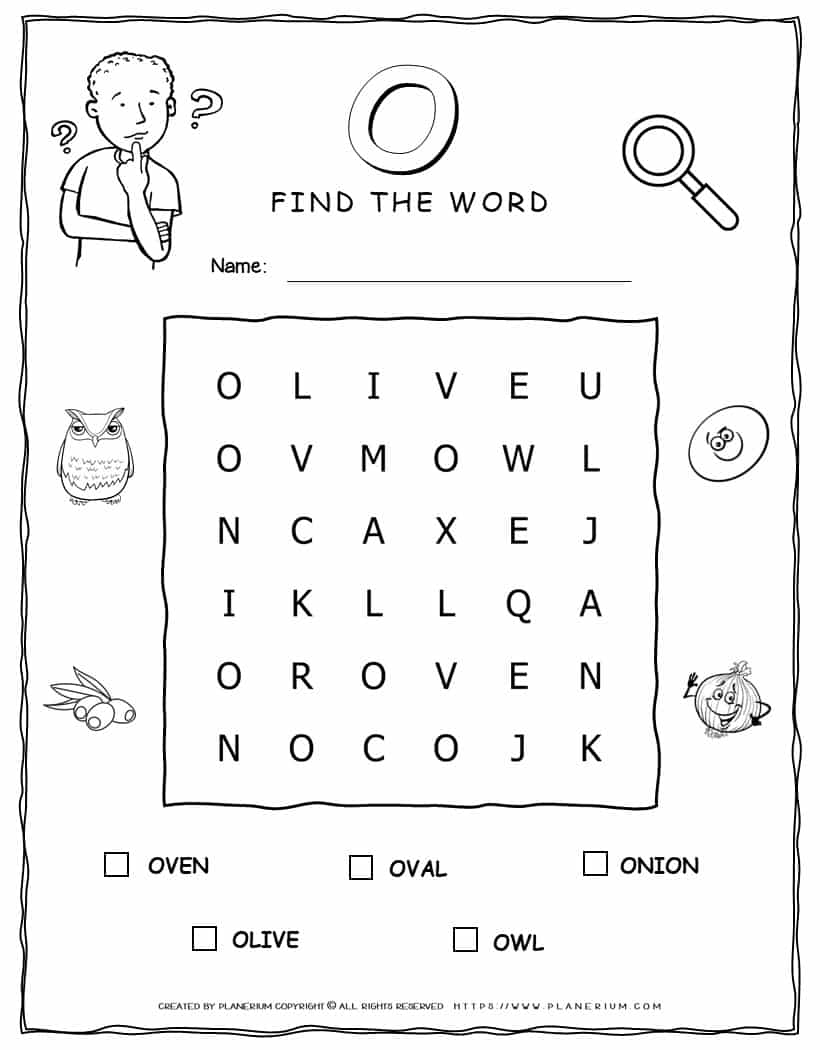 Printable word search with five words that start with O for kids