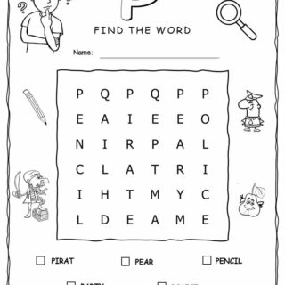 Printable word search with five words that start with P for kids