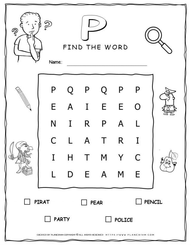 Printable word search with five words that start with P for kids