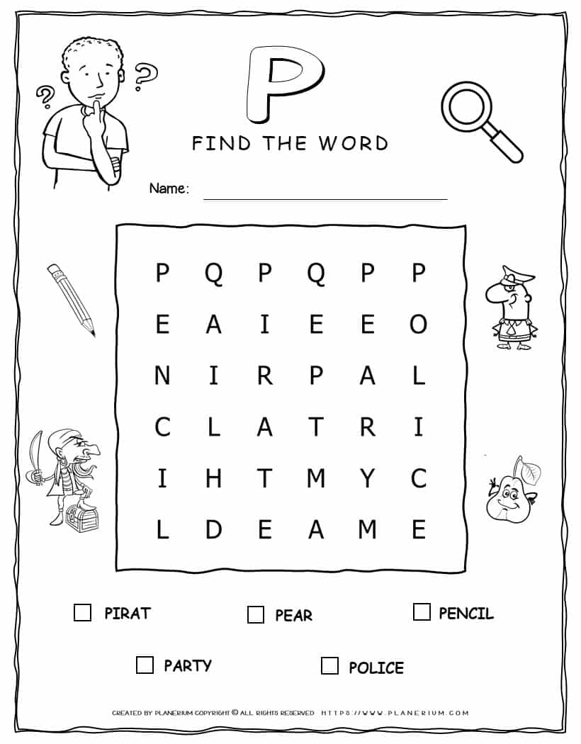 Printable word search with five words that start with P for kids