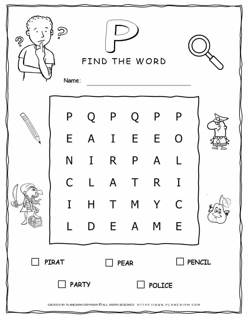 Printable word search with five words that start with P for kids