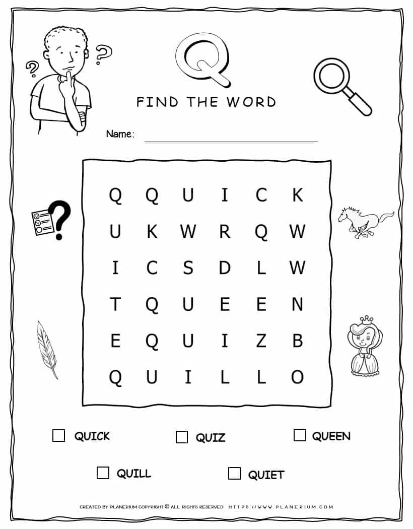 Printable word search with five words that start with Q for kids