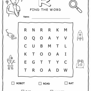 Printable word search with five words that start with R for kids