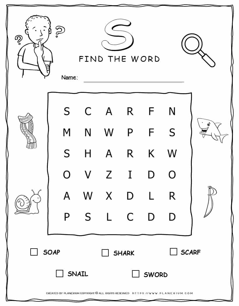 Printable word search with five words that start with S for kids