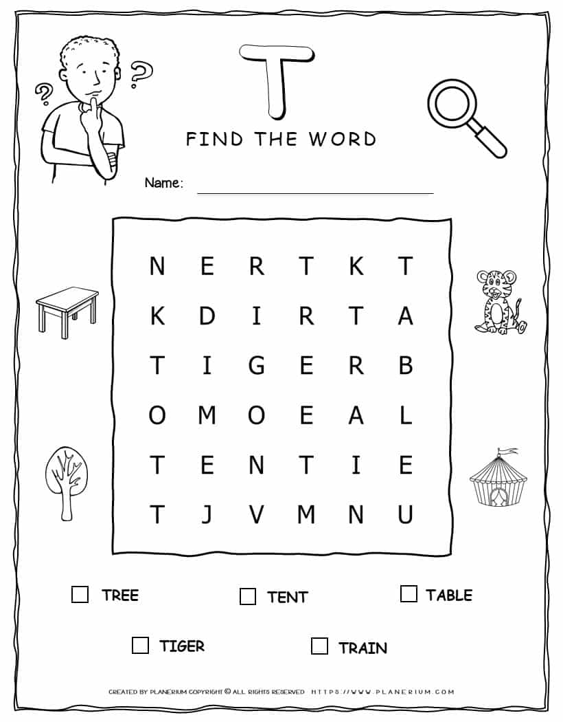 Printable word search with five words that start with T for kids