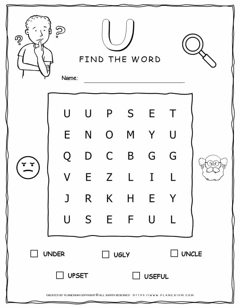 Printable word search with five words that start with U for kids