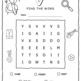 Printable word search with five words that start with V for kids