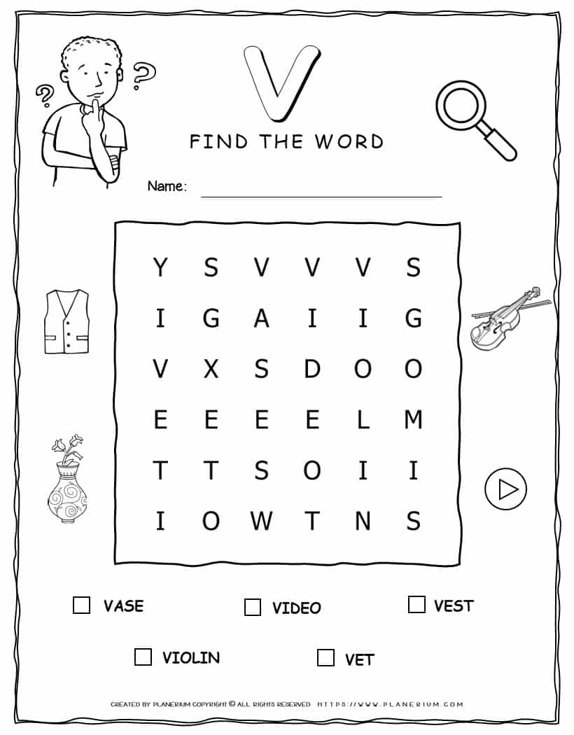 Printable word search with five words that start with V for kids