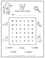 Printable word search with five words that start with W for kids