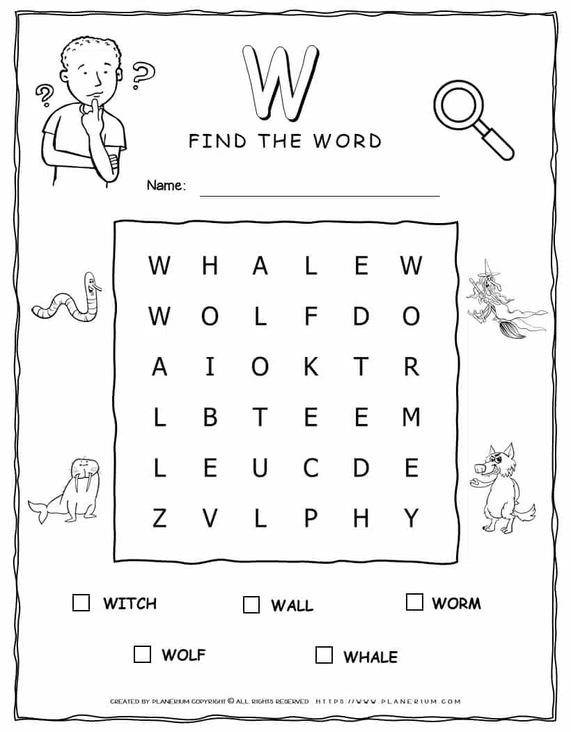Printable word search with five words that start with W for kids