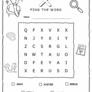 Printable word search with five words that start with X for kids