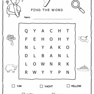 Printable word search with five words that start with Y for kids