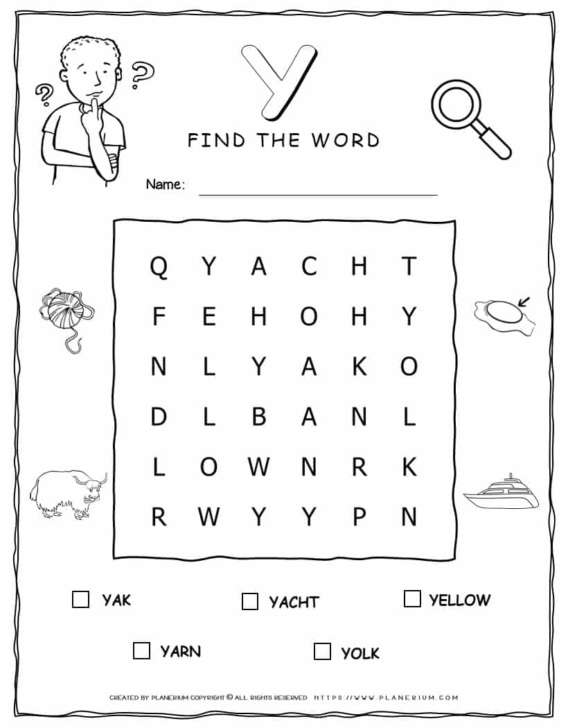 Printable word search with five words that start with Y for kids