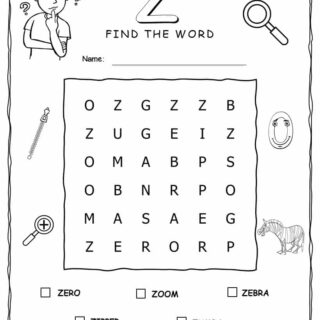 Printable word search with five words that start with Z for kids