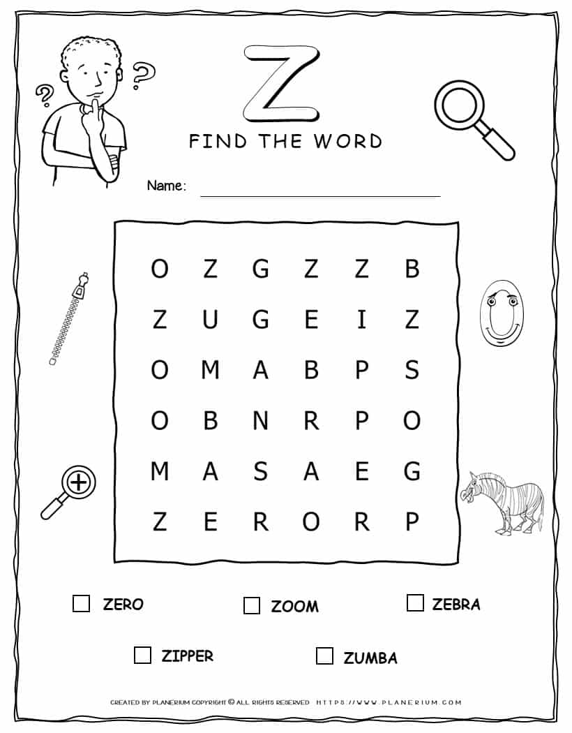 Printable word search with five words that start with Z for kids