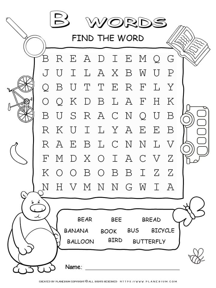 B-Letter Words Wordsearch Puzzle with Ten Words - Free Printable
