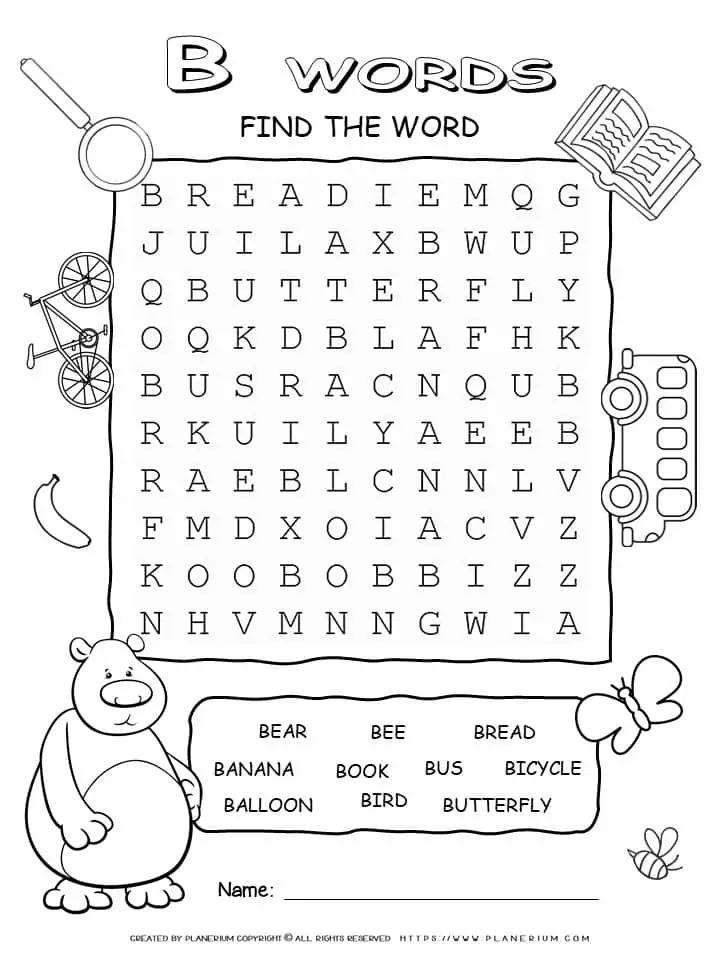 Words Beginning with B Wordsearch Worksheets