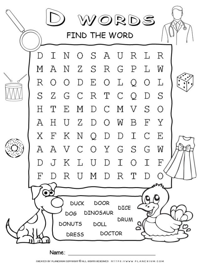 Word Search - Words That Start With D - Ten Words Puzzle | Planerium